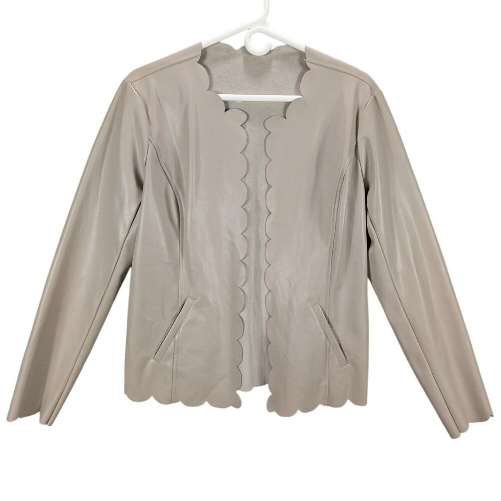 C Est 1946 Jacket Womens Medium Taupe Faux Leather Pockets Scalloped Open READ